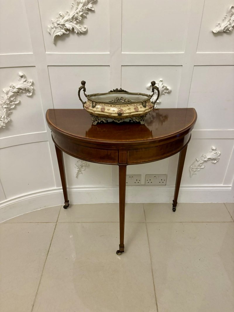 Elegant Late Victorian Antique Mahogany and Satinwood Inlaid  Demi-Lune Card/Console Table